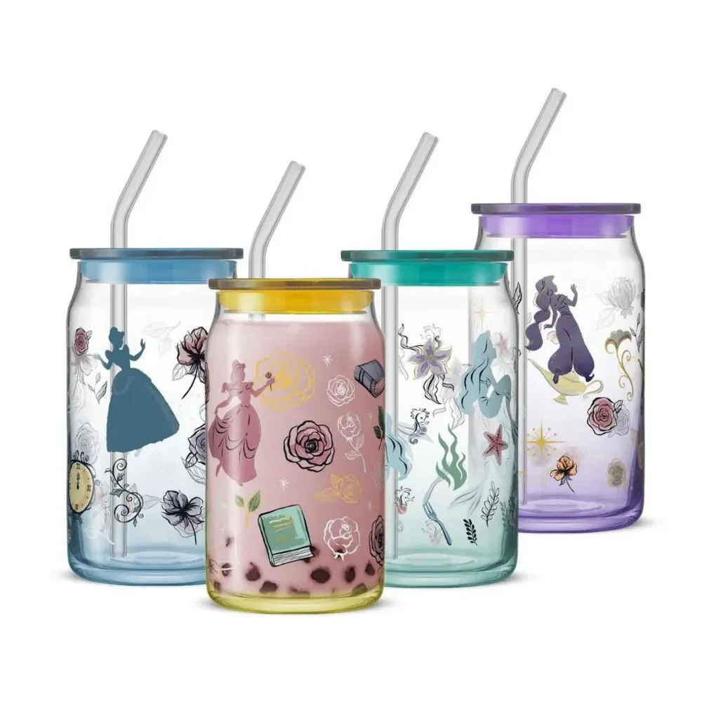 Disney Princess Glass Tumbler Set Drinking Cups with‎ Lids and Straws 4pc